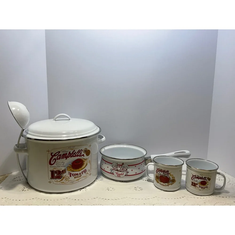 Campbells Soup Enamelware Set Stockpot Saucepan Mugs Ladle Vintage Style 5pc